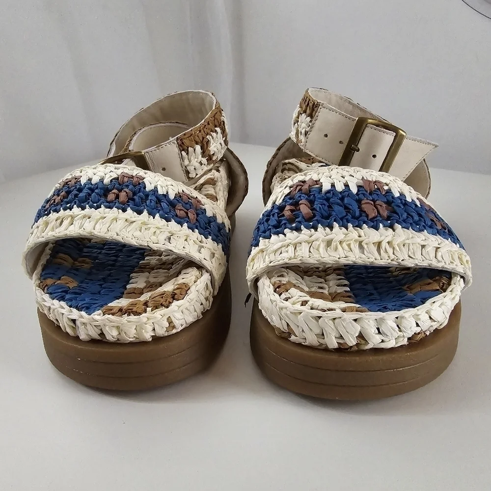 NIB Free People Boho Roma Raffia Sandals Platform Blue Cream Size 6 - Picture 8 of 16